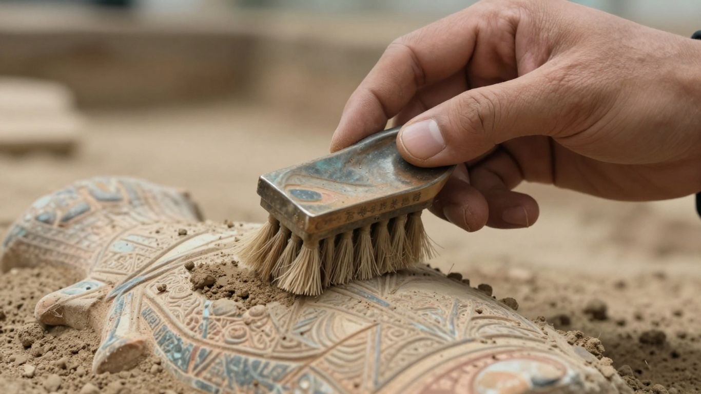 Archaeologist unearthing ancient artifact from dirt.