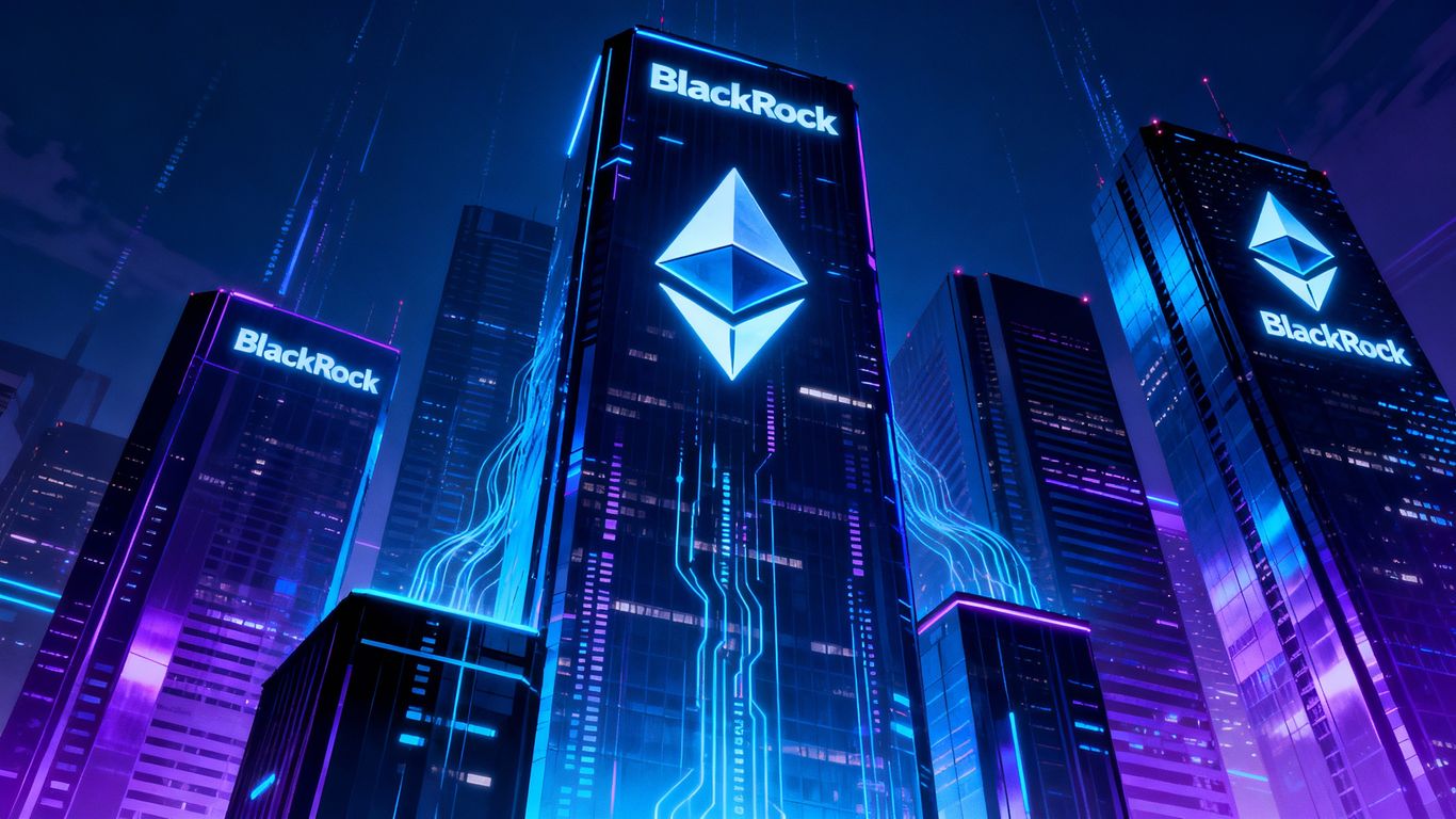 BlackRock and Ethereum symbols in a digital cityscape.