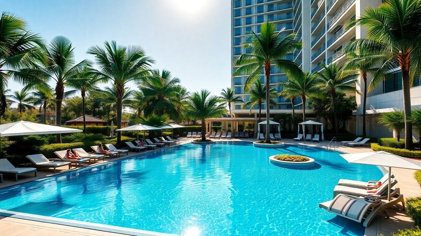 Luxury resort pool with palm trees at Marriott Aventura