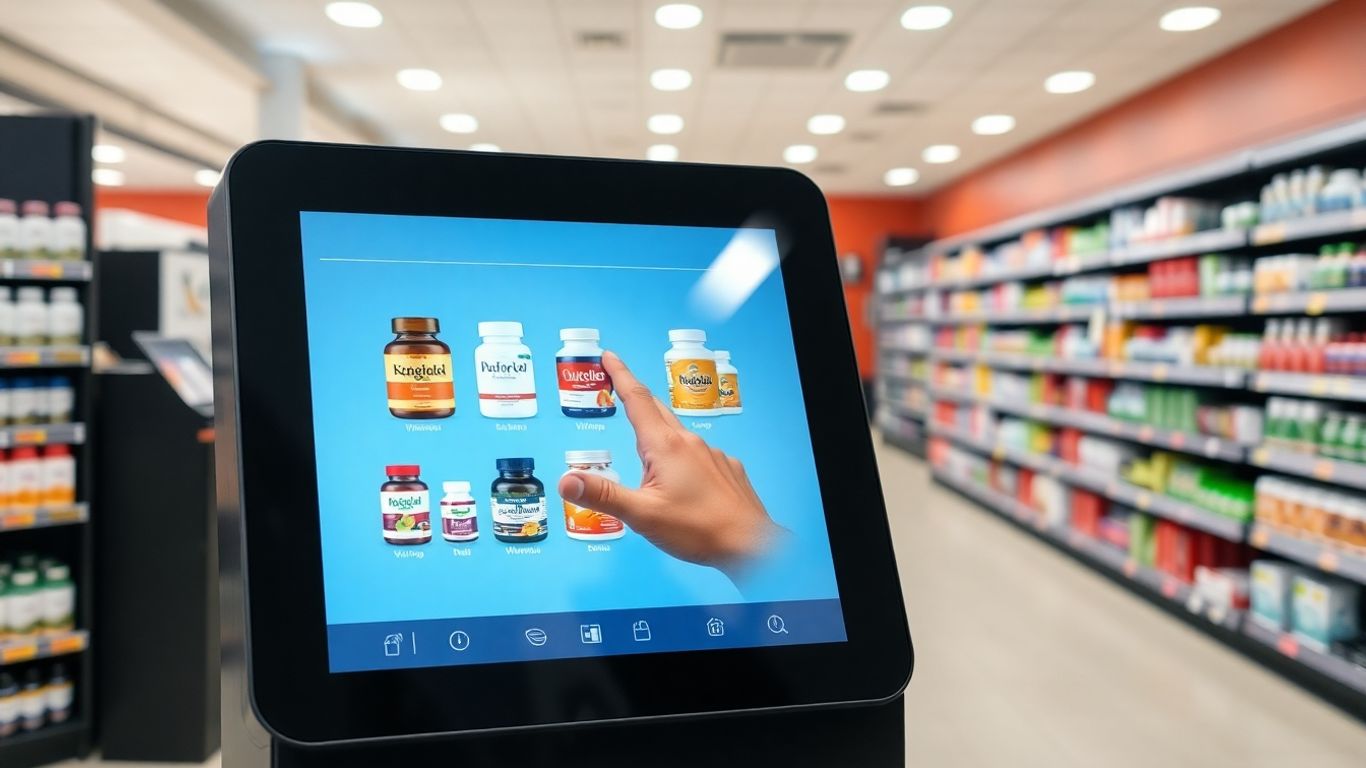 Pharmacy kiosk dispensing supplements with touch screen interface.