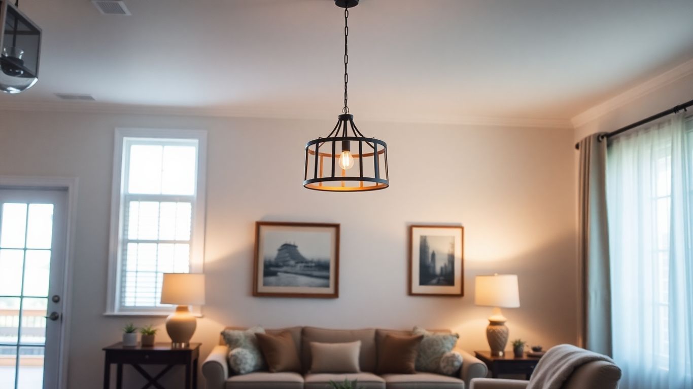 Cozy living room with warm, layered lighting.