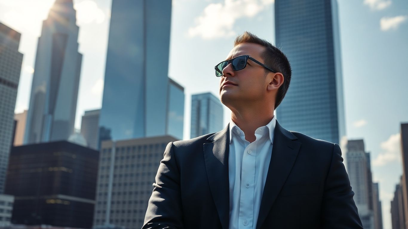 Stockbroker looking at city skyline