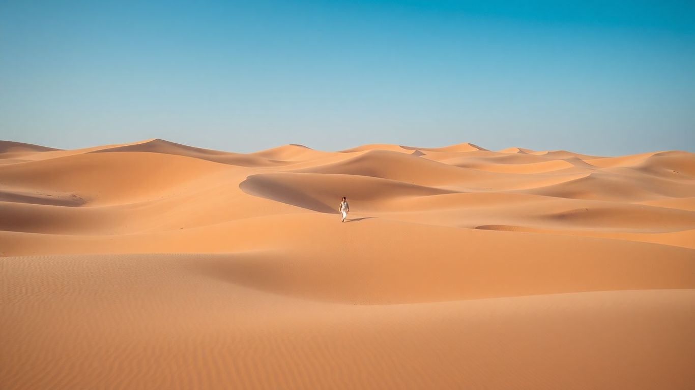 كثبان رملية ذهبية تحت سماء زرقاء صافية