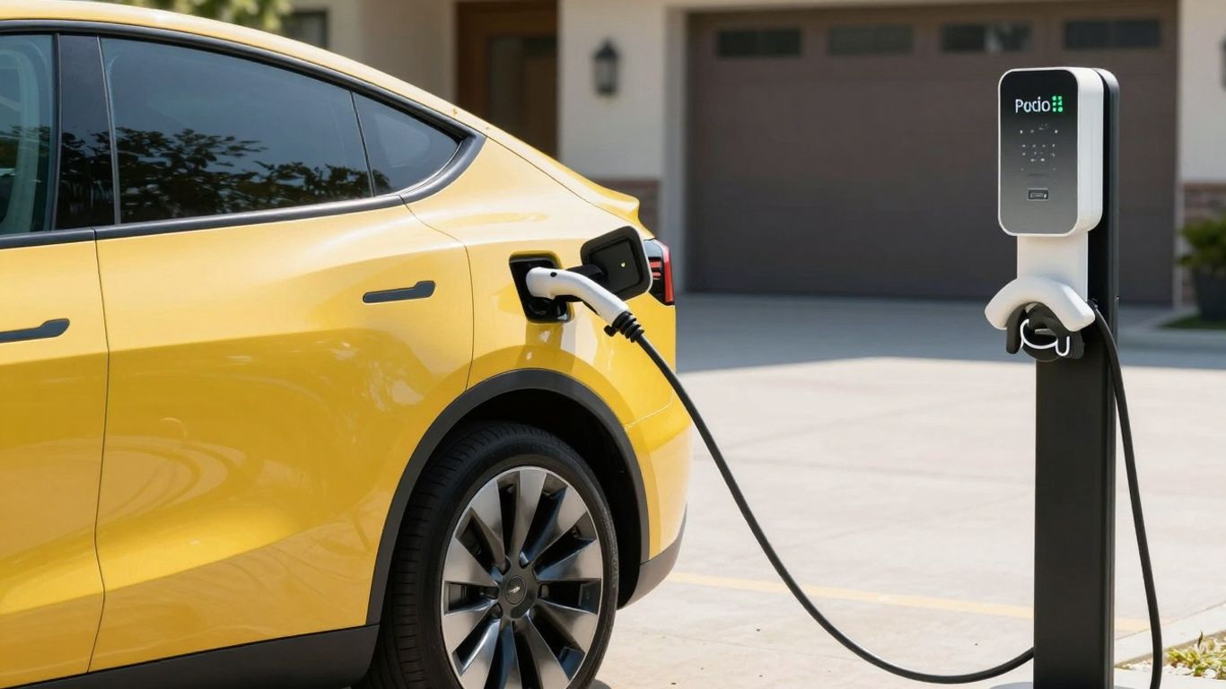 Electric car charging at a modern home charger.