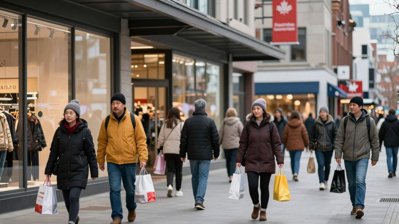 Canadian shoppers in a lively urban commercial district.