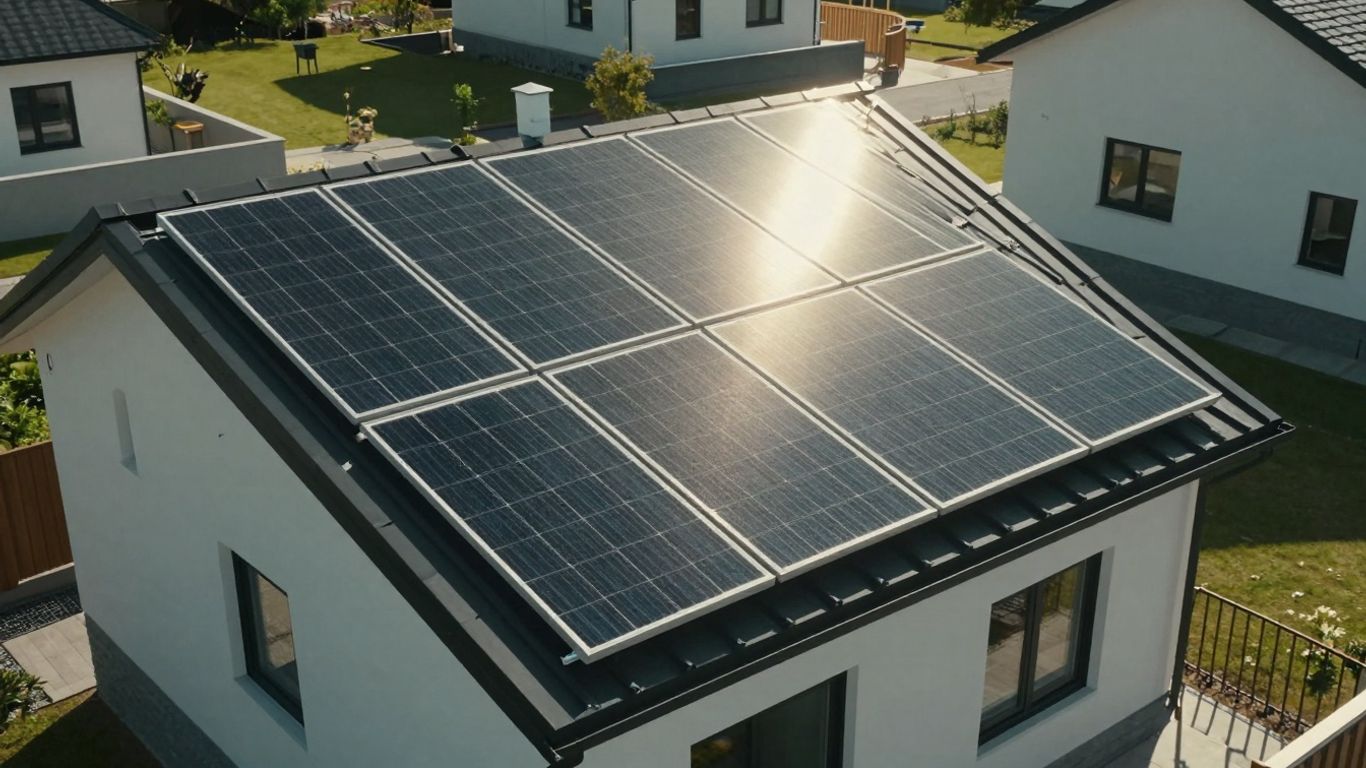 Maison avec panneaux solaires sur le toit sous le soleil.