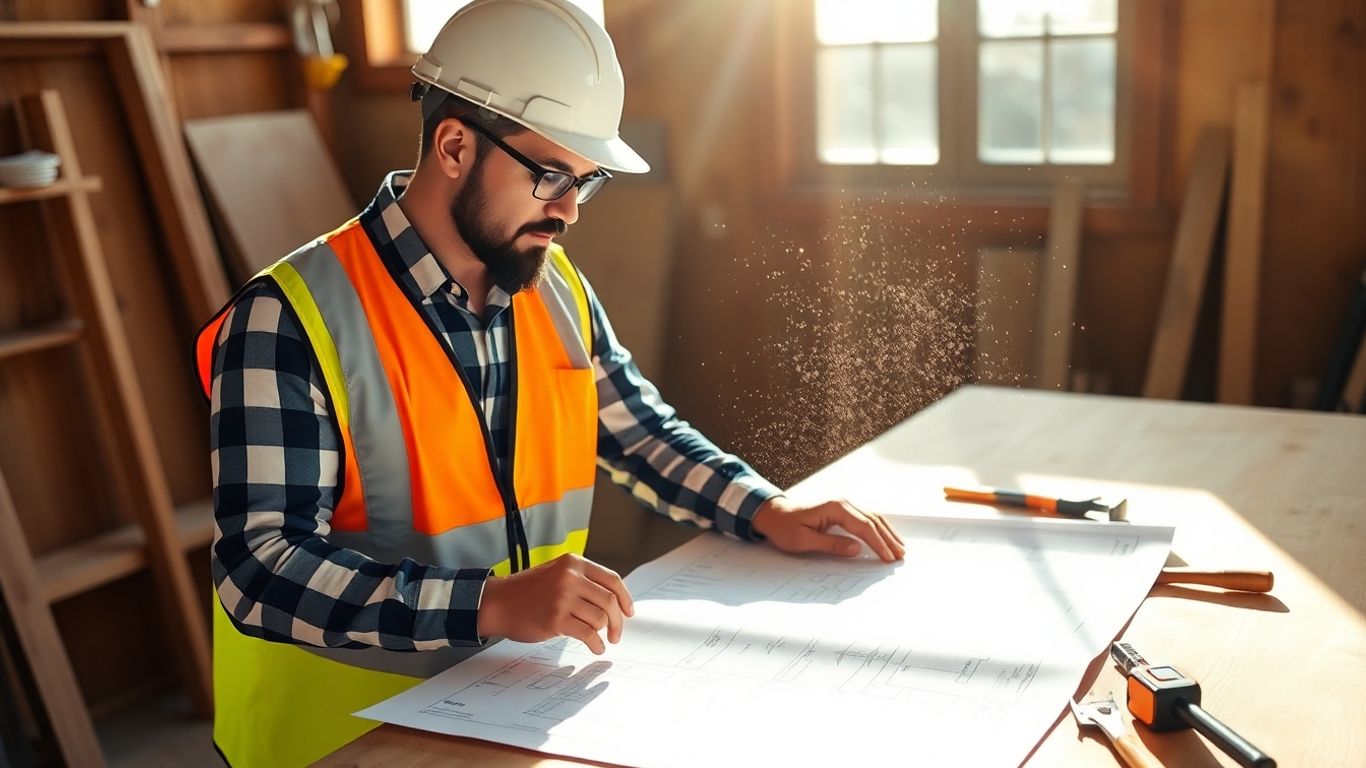 Construction worker reviewing blueprints with tools.