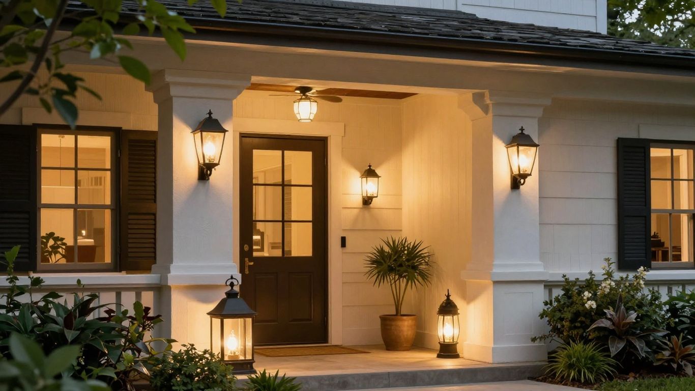 Porch with stylish outdoor lamps illuminating the entryway.