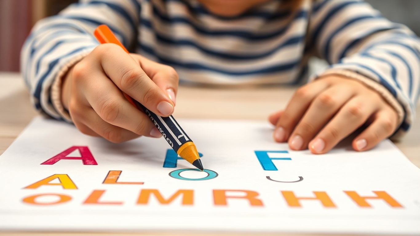 Child tracing alphabet letters on a worksheet.