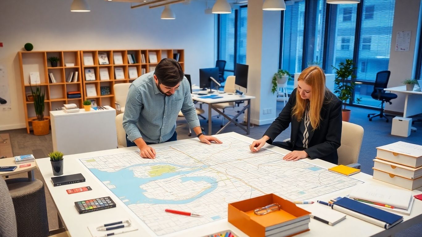 Business people looking at a city map together