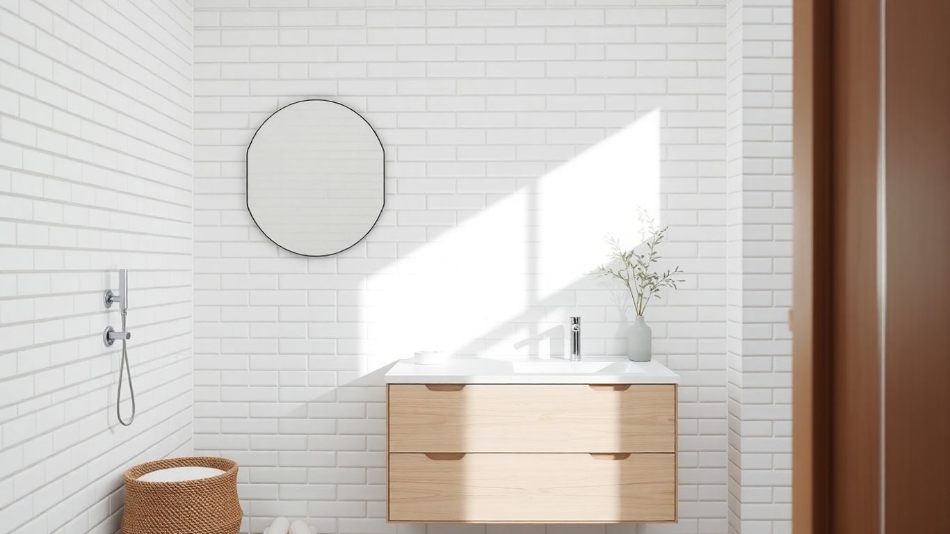 Minimalist Scandi bathroom with neutral colors and wood accents.