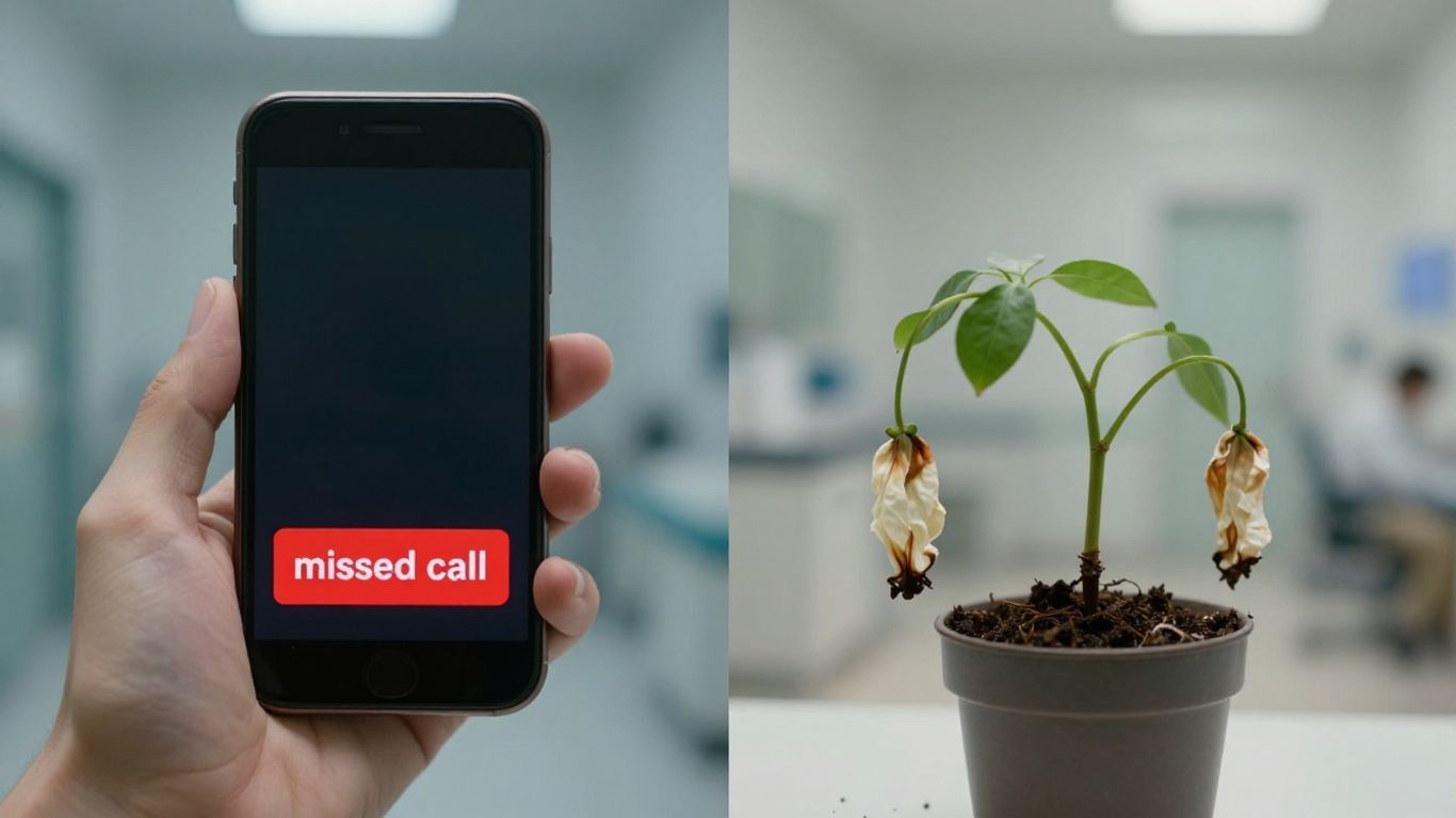 Missed call notification and wilting plant symbolizing clinic growth loss.