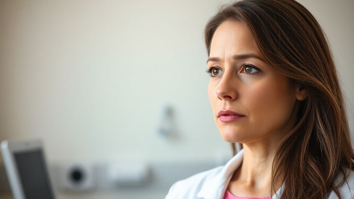 Mulher pensativa em consultório médico