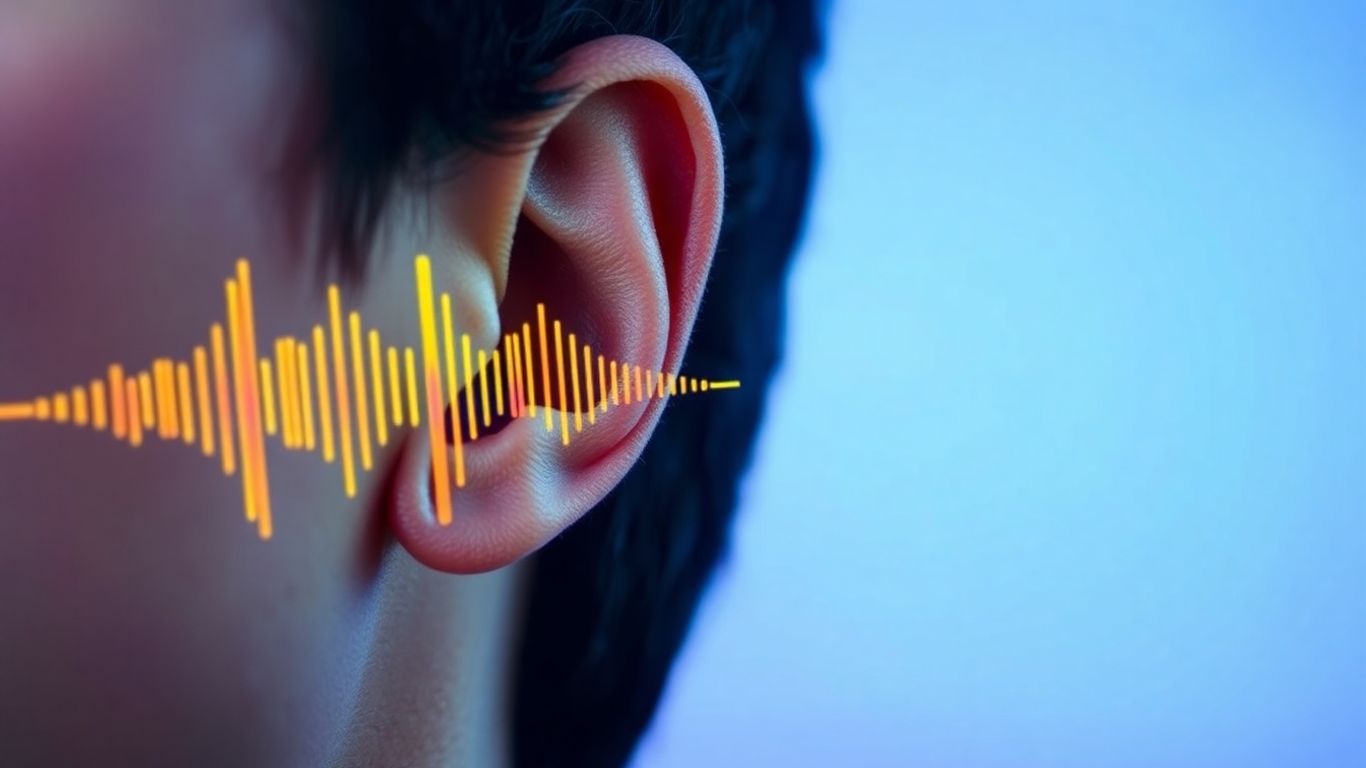 Sound waves emanating from an ear, turning colorful.