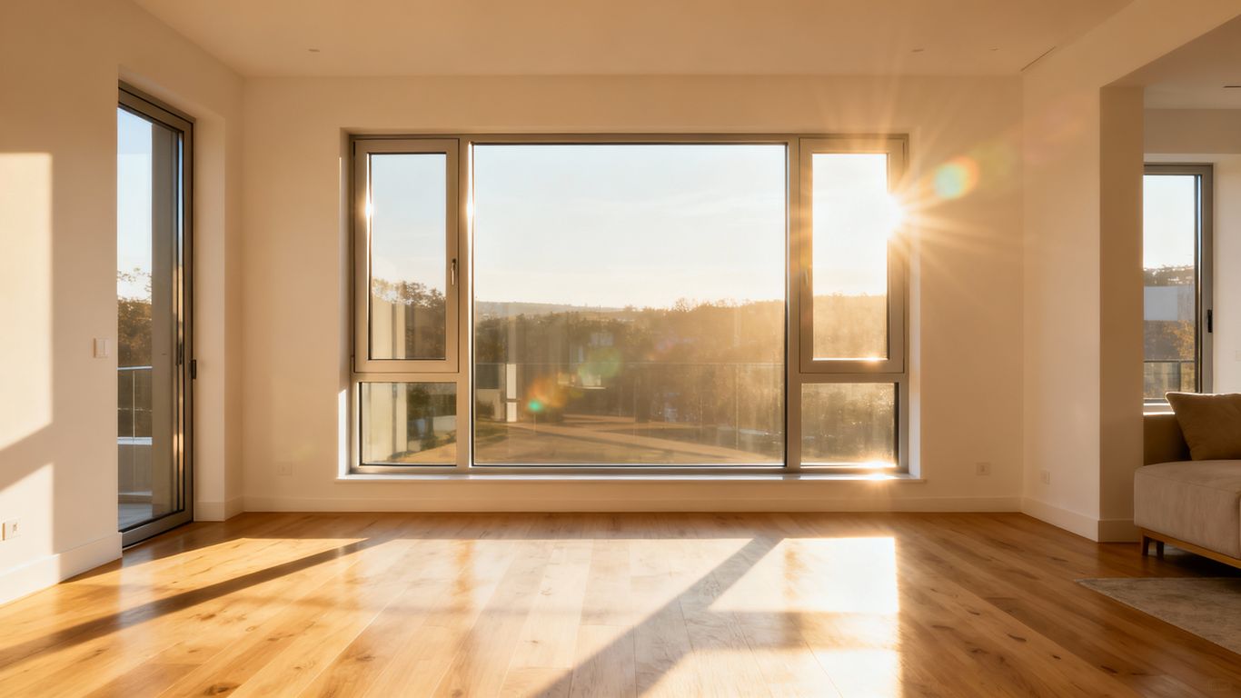 Newly installed energy-efficient windows in a bright living room.