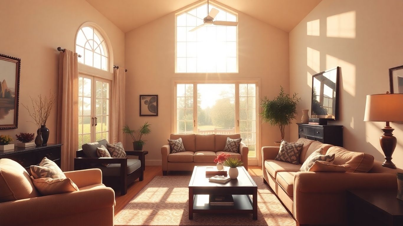 Sunlit living room with warm, inviting light.