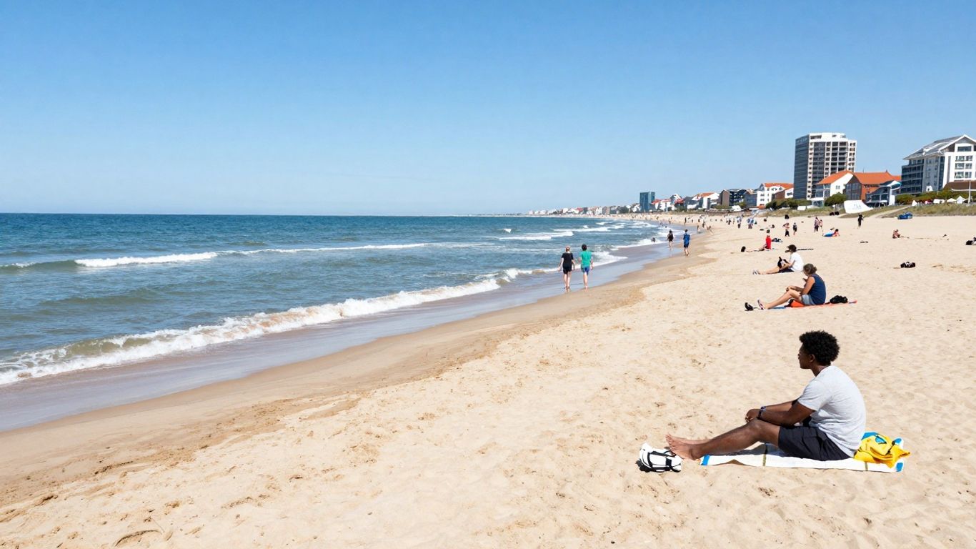 Zonnig strand van Vlissingen met blauwe lucht en golven.