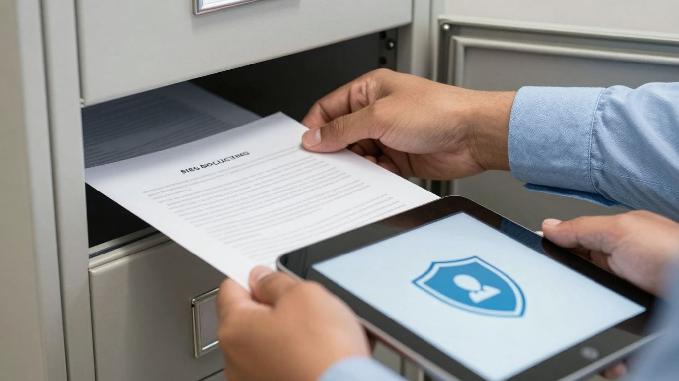 Hands securing physical and digital documents with a shield icon.
