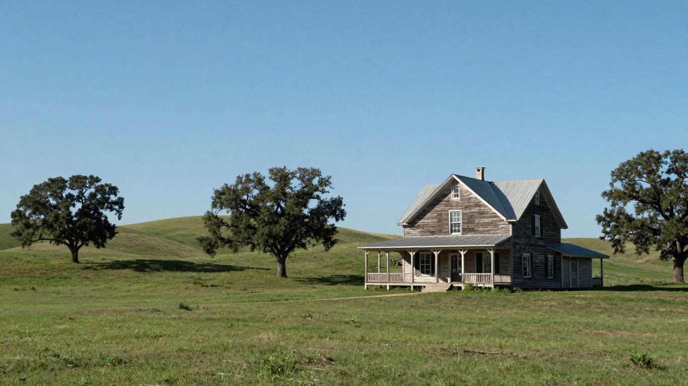 Country farmhouse surrounded by green hills and trees in Driftwood, TX.