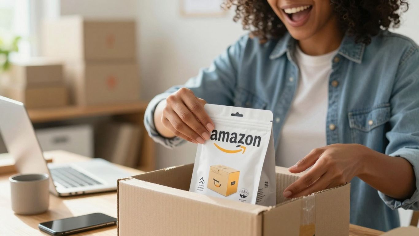 Person packing Amazon products, starting online business.