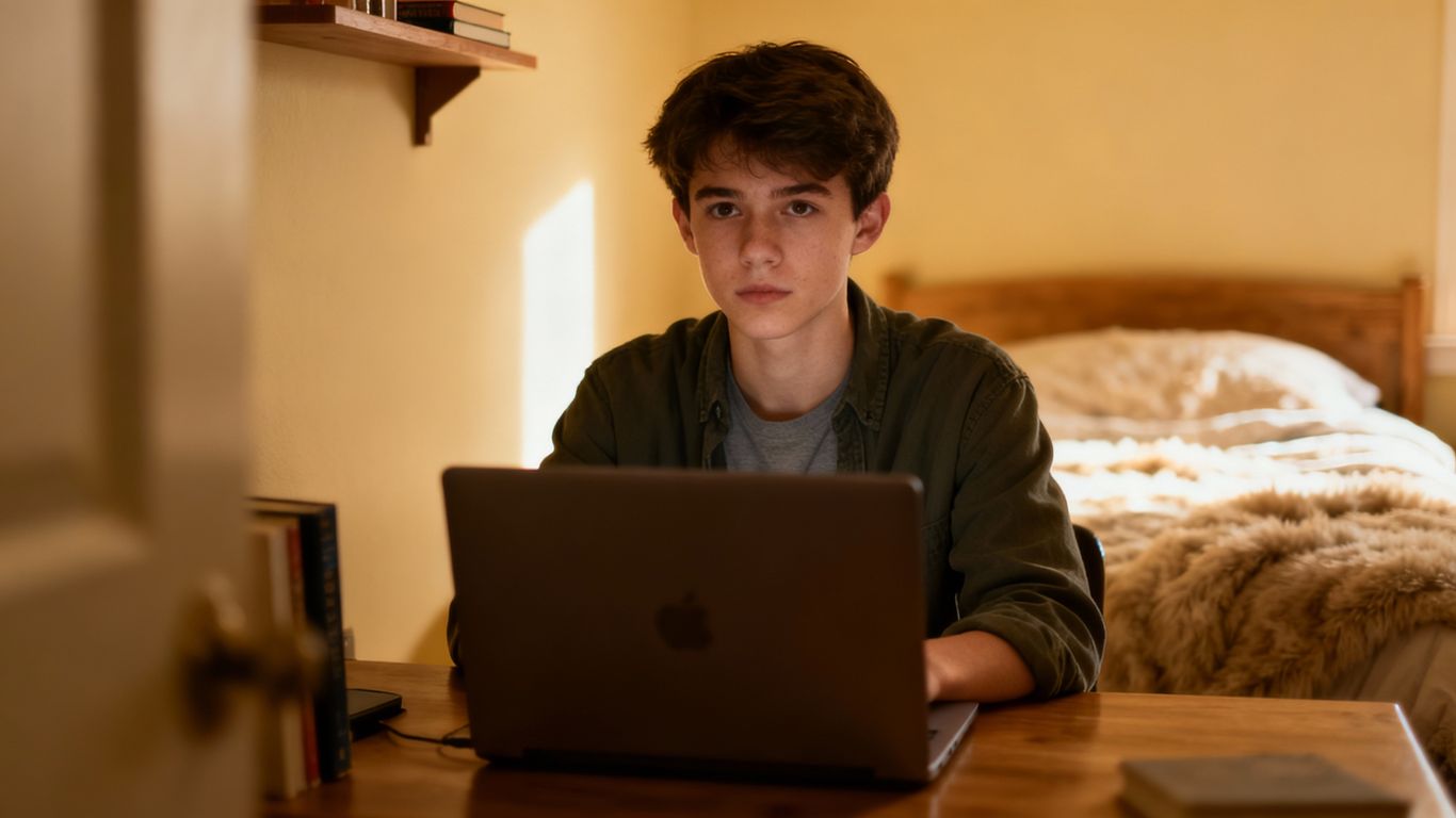 Student focused on laptop, bed nearby.