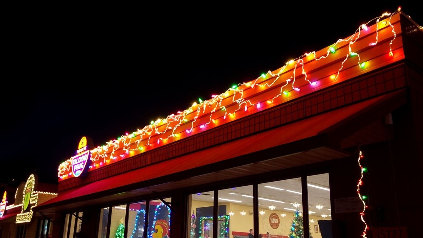 Weldon Spring business decorated with bright Christmas lights.
