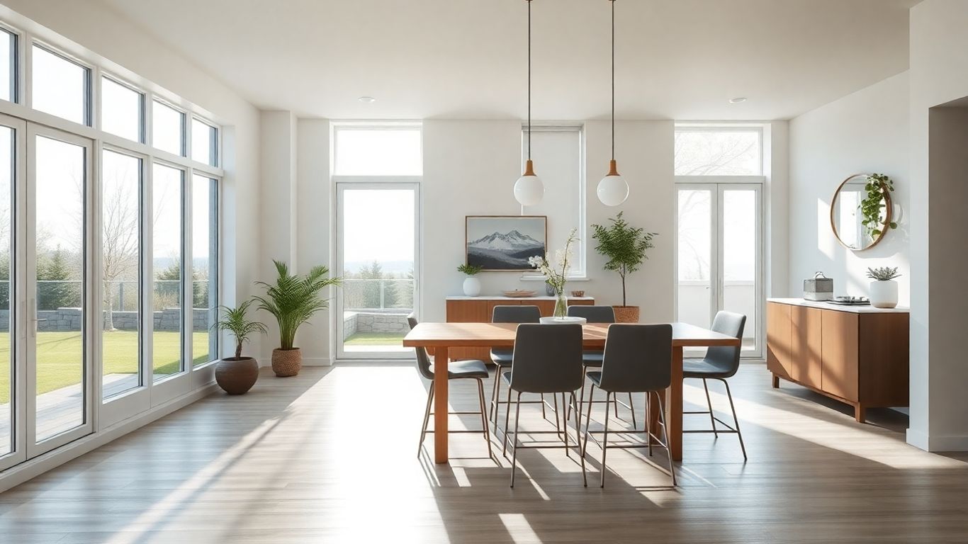 Counter height dining set by large sunlit windows