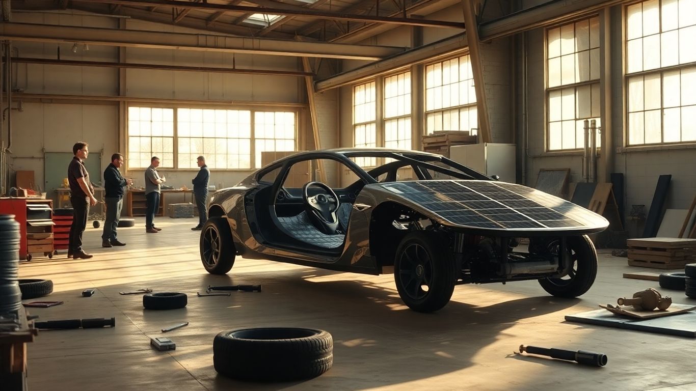 Ouvriers discutant près d'une voiture solaire inachevée.