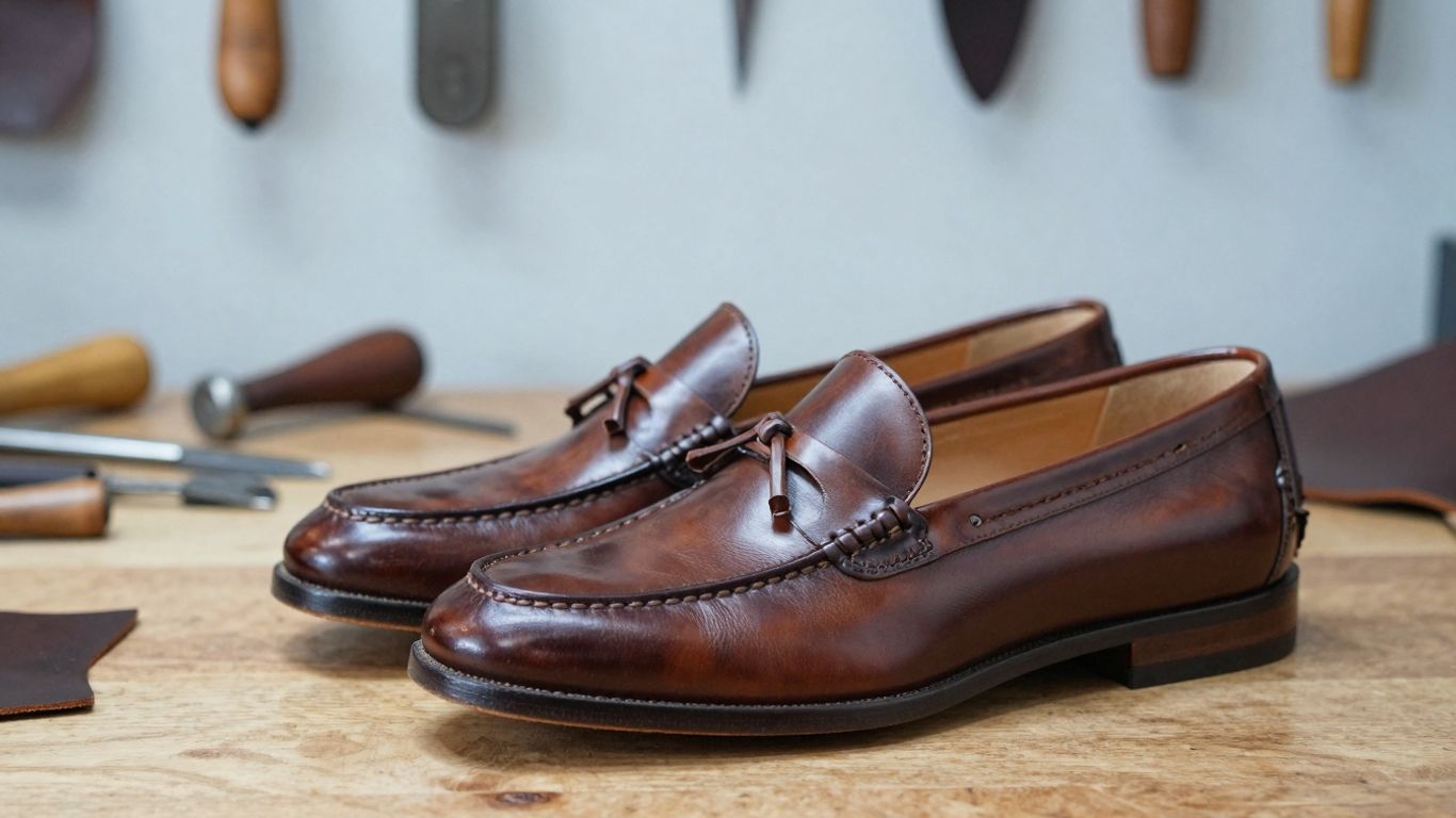 Brown Alden tassel loafers on a wooden workbench