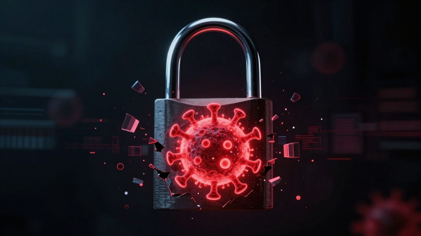 Digital lock breaking with red virus icon.