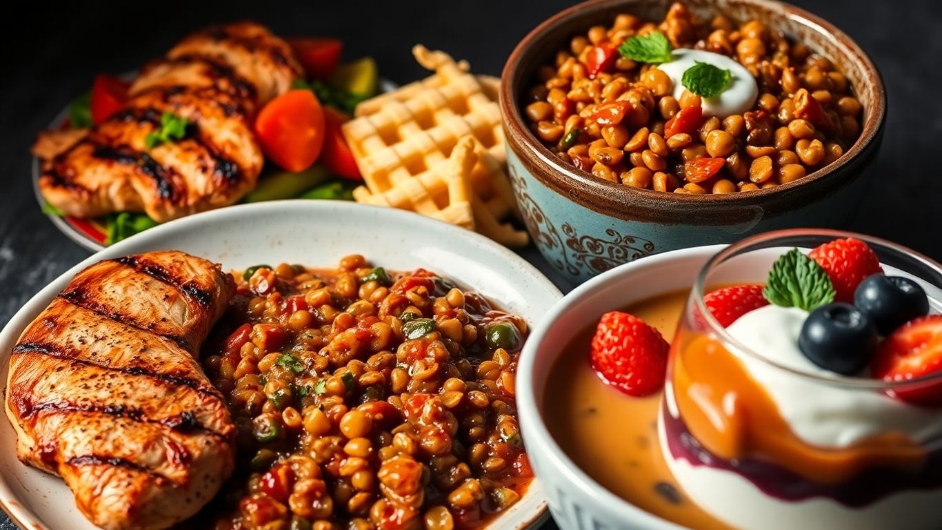 Assortment of healthy, protein-rich meals with vibrant colors.