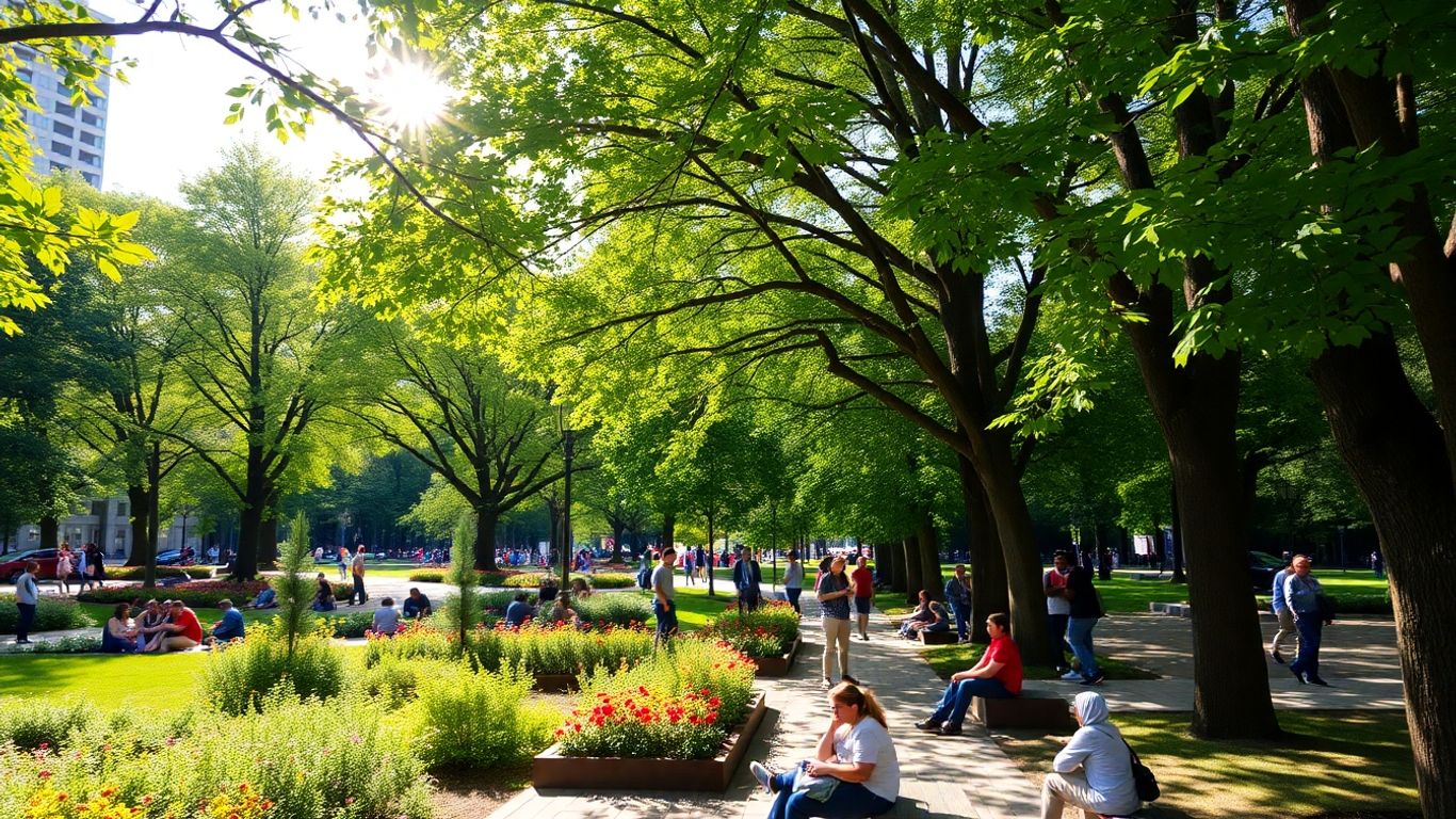 Oameni relaxându-se în parcul urban plin de verdeață.