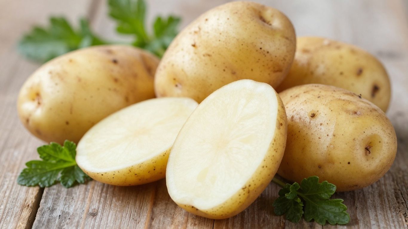 Biologische aardappelen op een houten ondergrond met kruiden.
