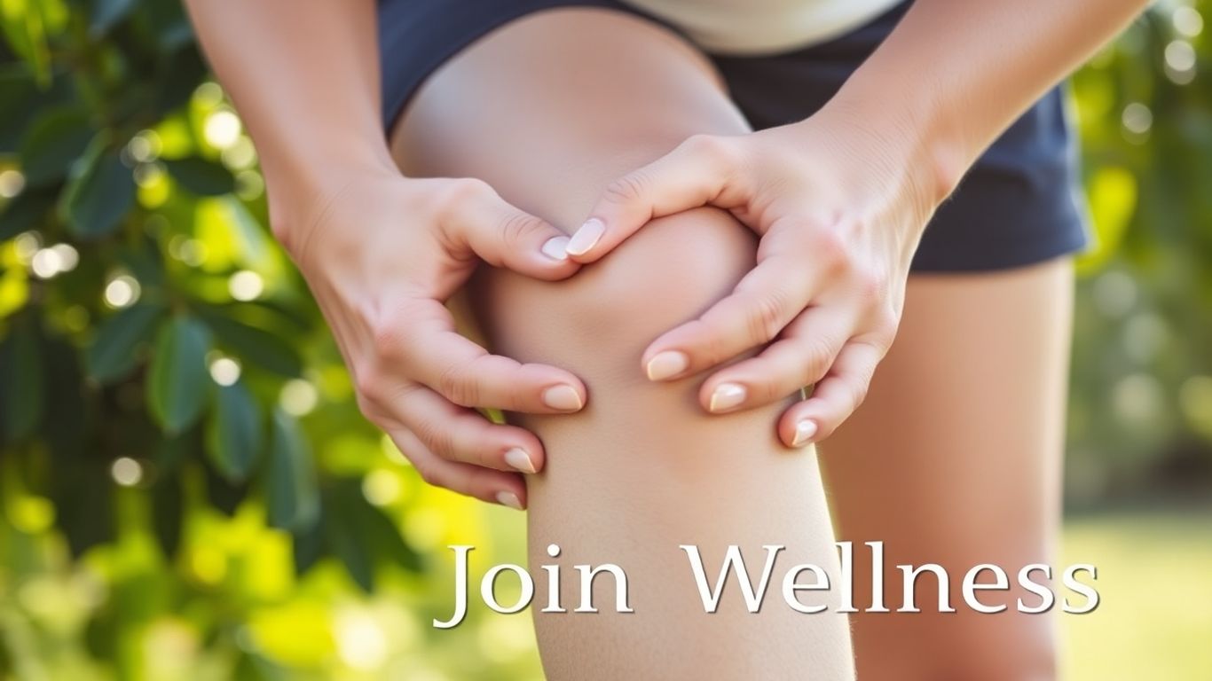 Person massaging knee with natural healing background.