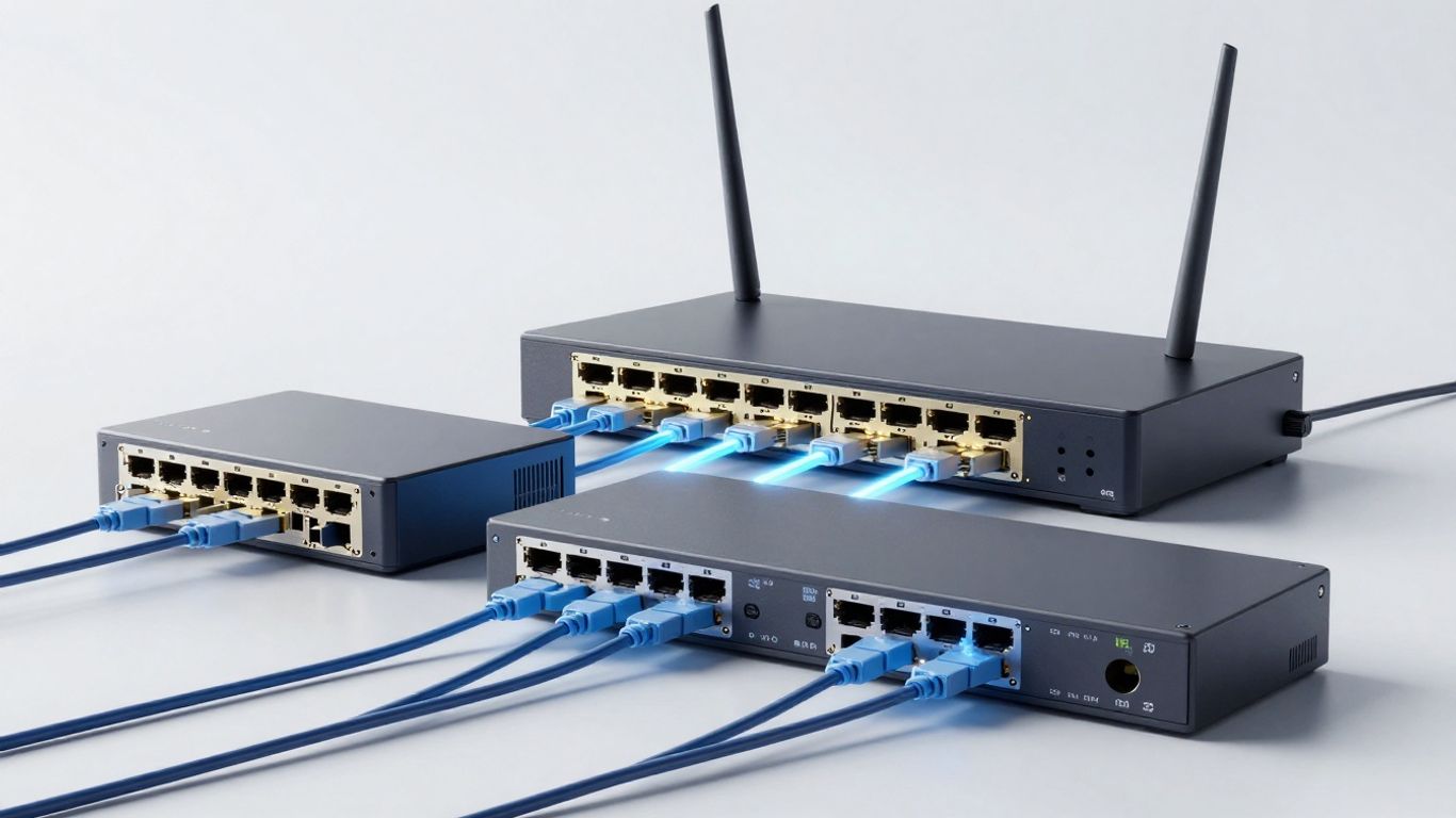 Dispositivos de red interconectados con cables luminosos.