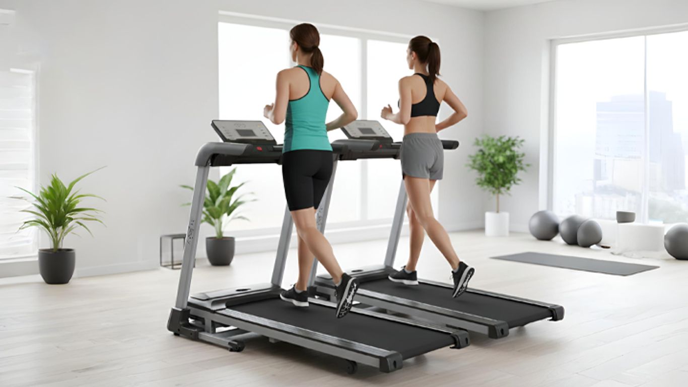 Two people running on treadmills in a bright, modern gym.