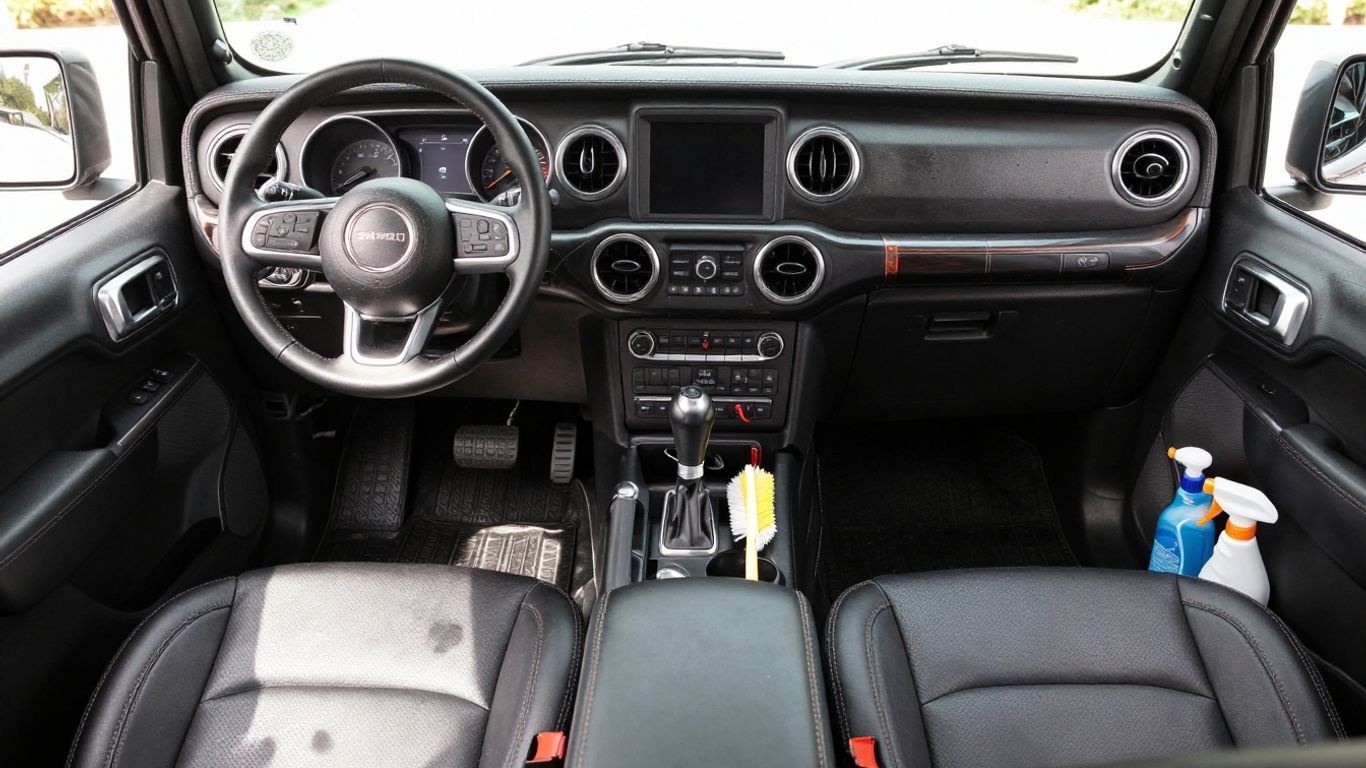 Jeep interior cleaning supplies and a spotless dashboard.