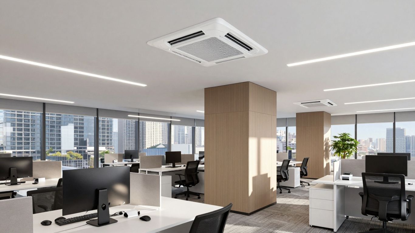 Moderne Bürolüftung mit flexiblen Lüftungsschlitzen im Deckenbereich.