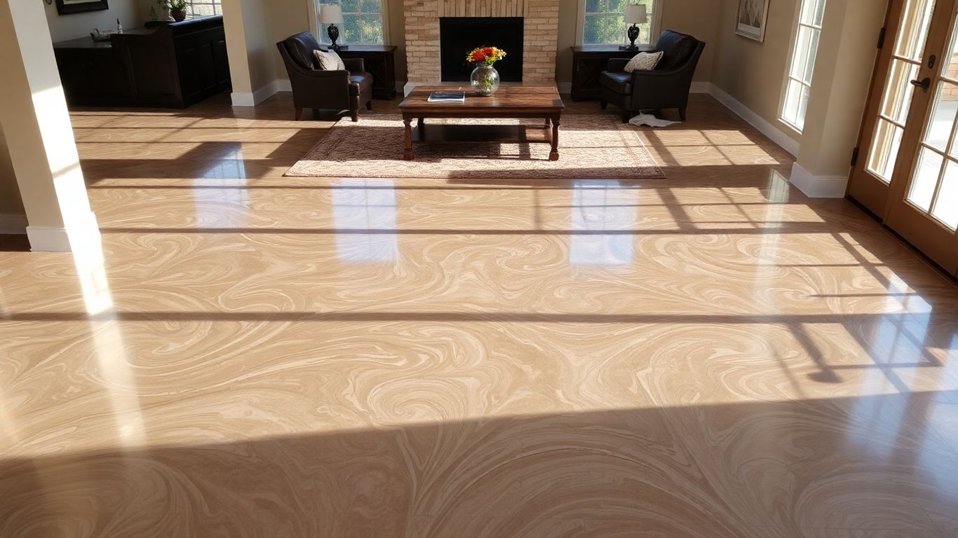 Metallic epoxy floor in a Hill Country living room.