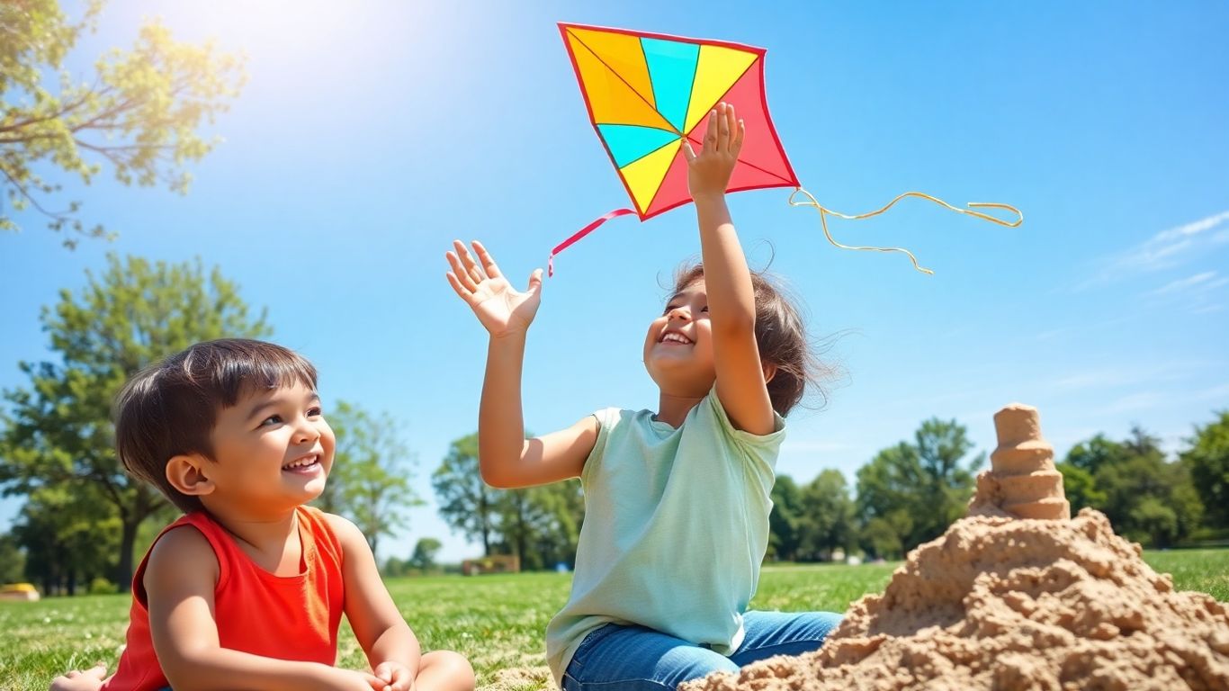 Copii fericiți în parc, zburând un zmeu și construind un castel.