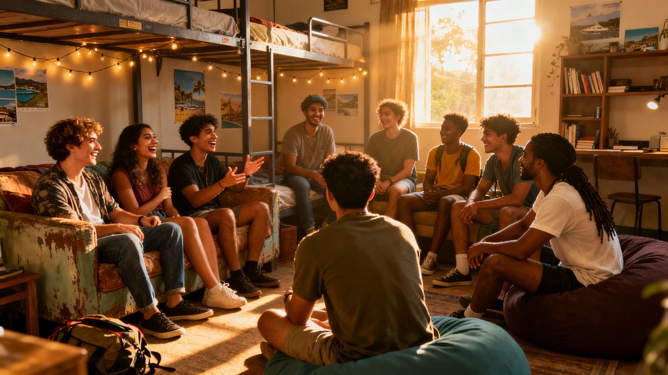 Diverse young people interacting positively in a hostel common area.