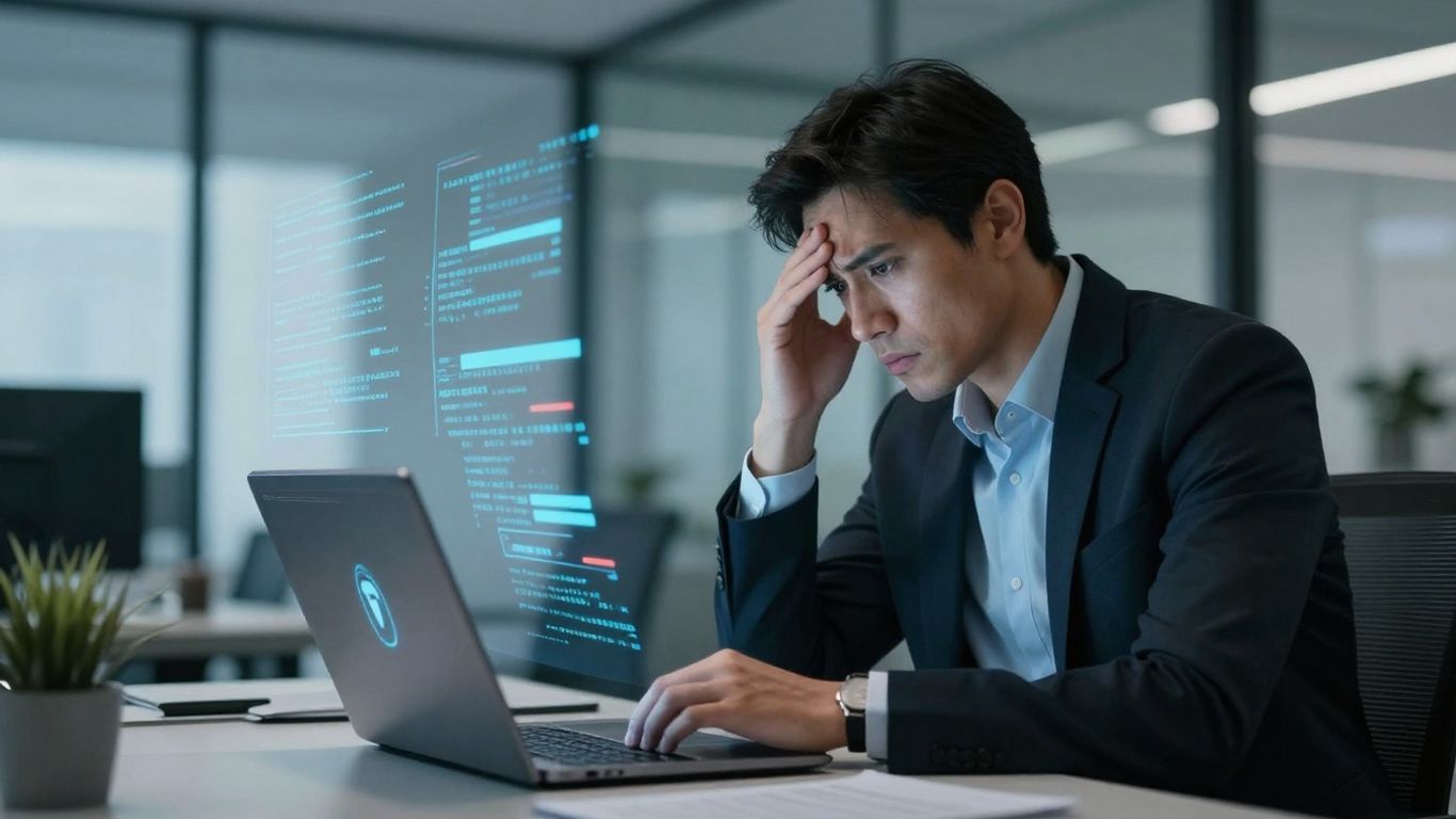 Professionnel inquiet devant des écrans de cybersécurité dans un bureau.
