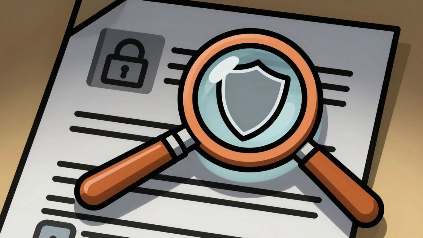Magnifying glass over document with shield icon.