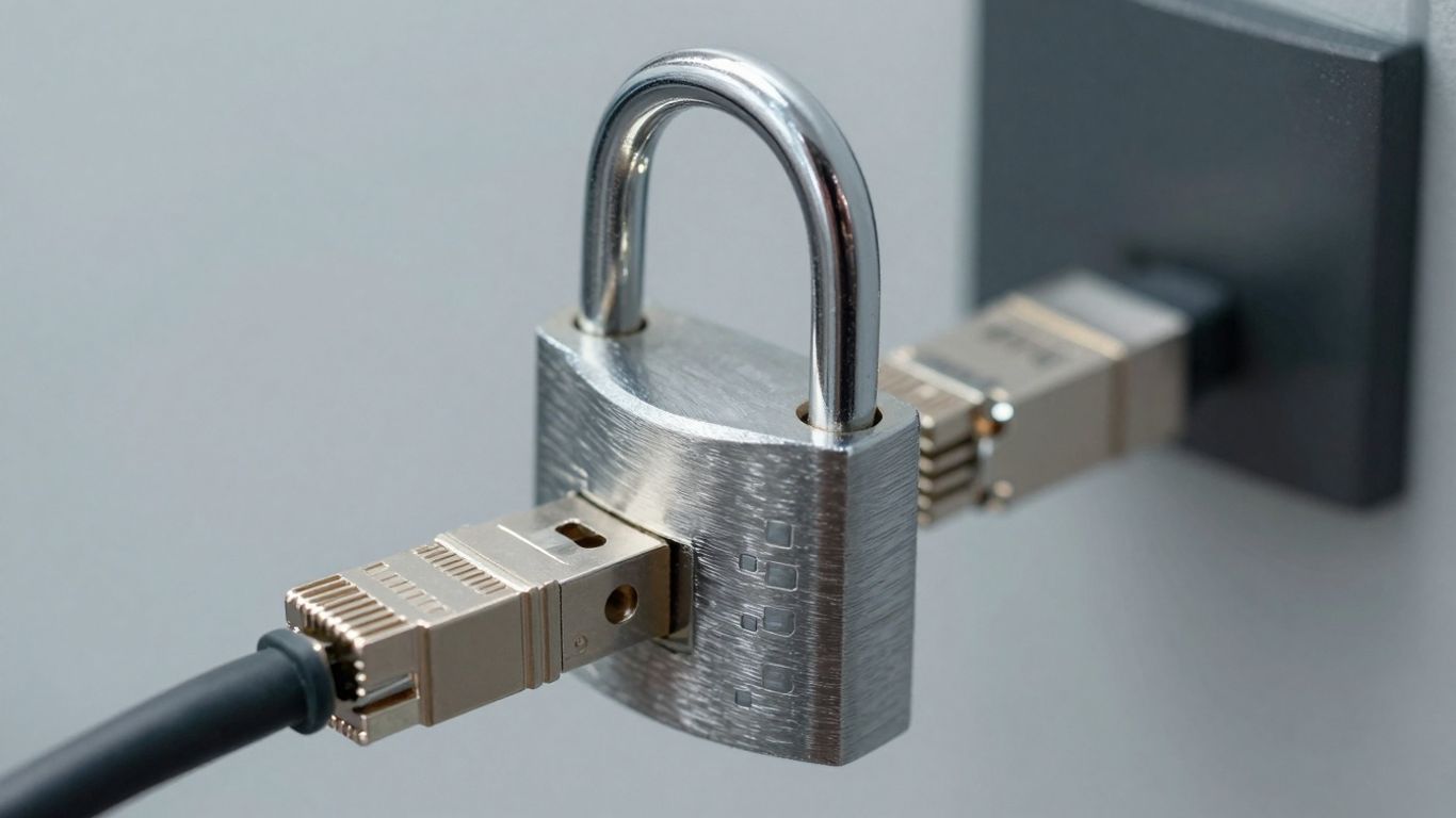 Padlock securing a digital network cable.
