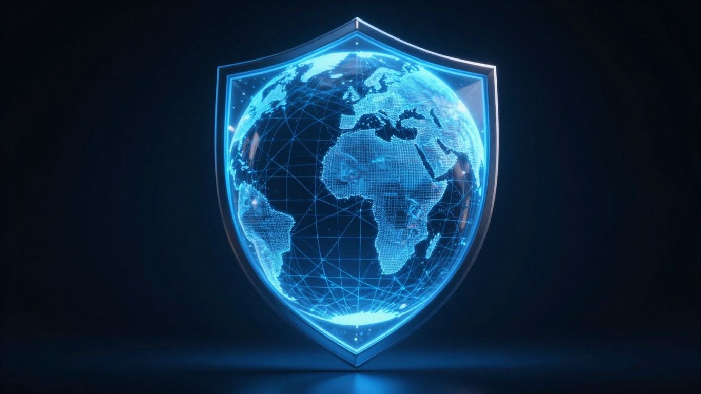 Digital shield protecting a glowing online identity globe.