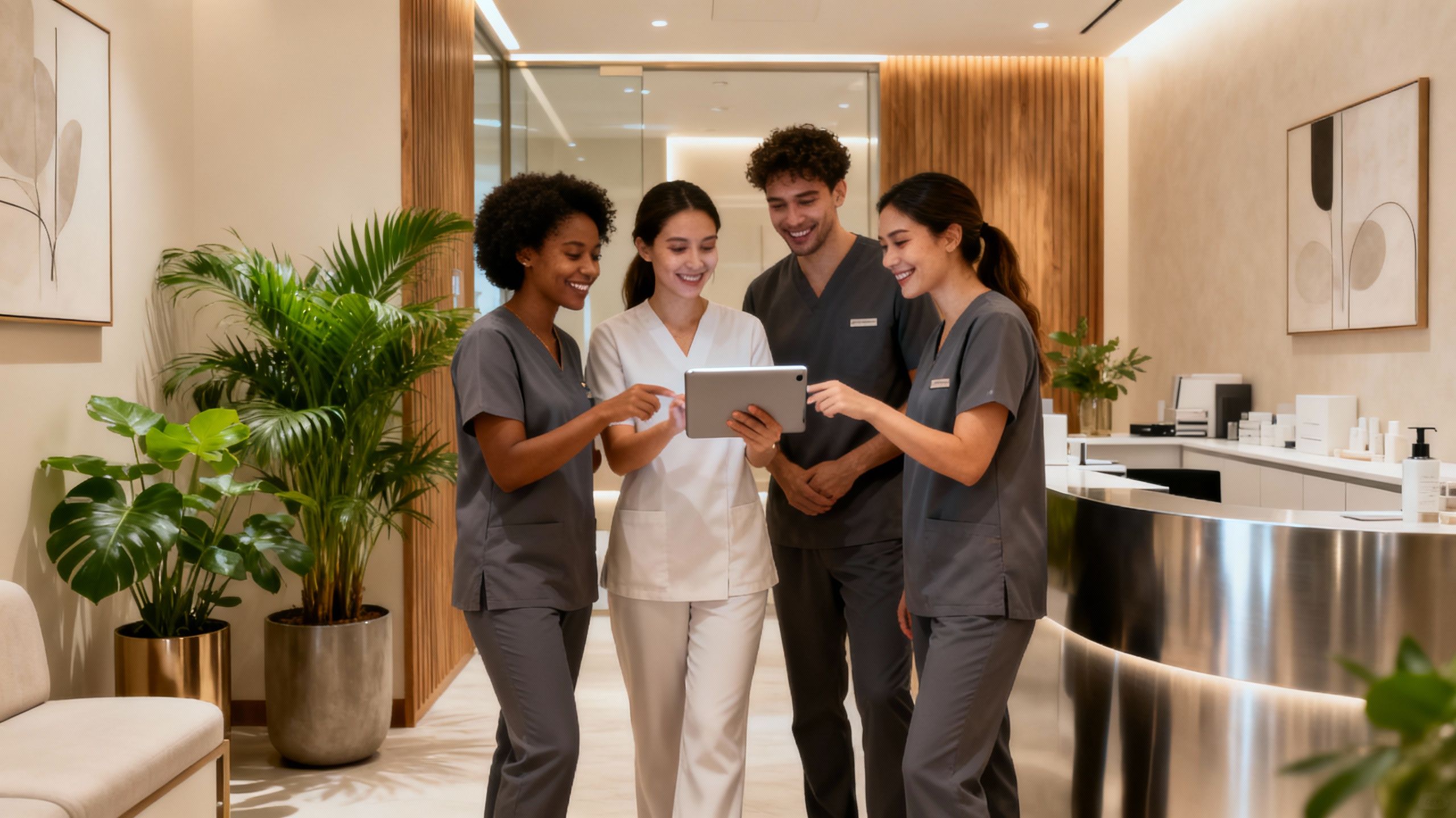 Medspa staff collaborating around a tablet device.
