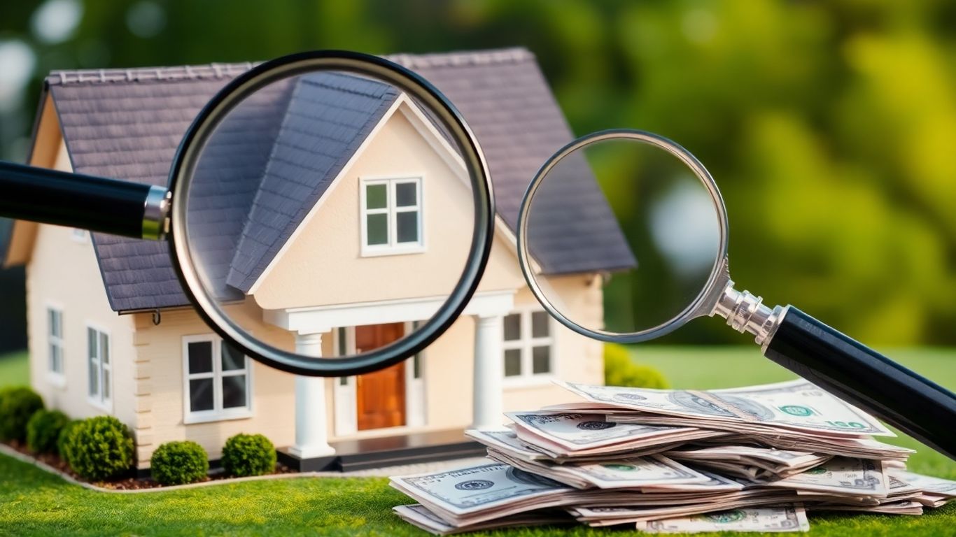 Casa con lupa examinando el techo y dinero.