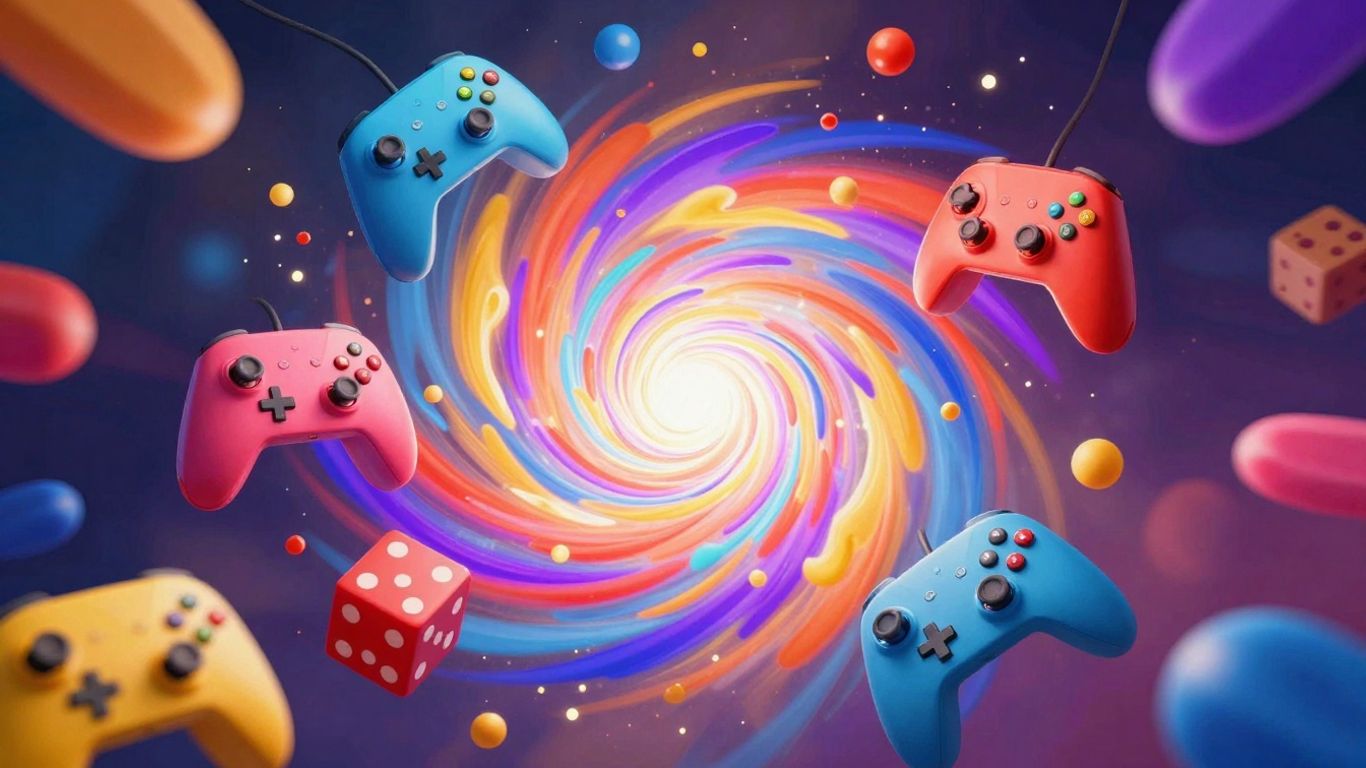 Explosion of colorful game elements and controllers.