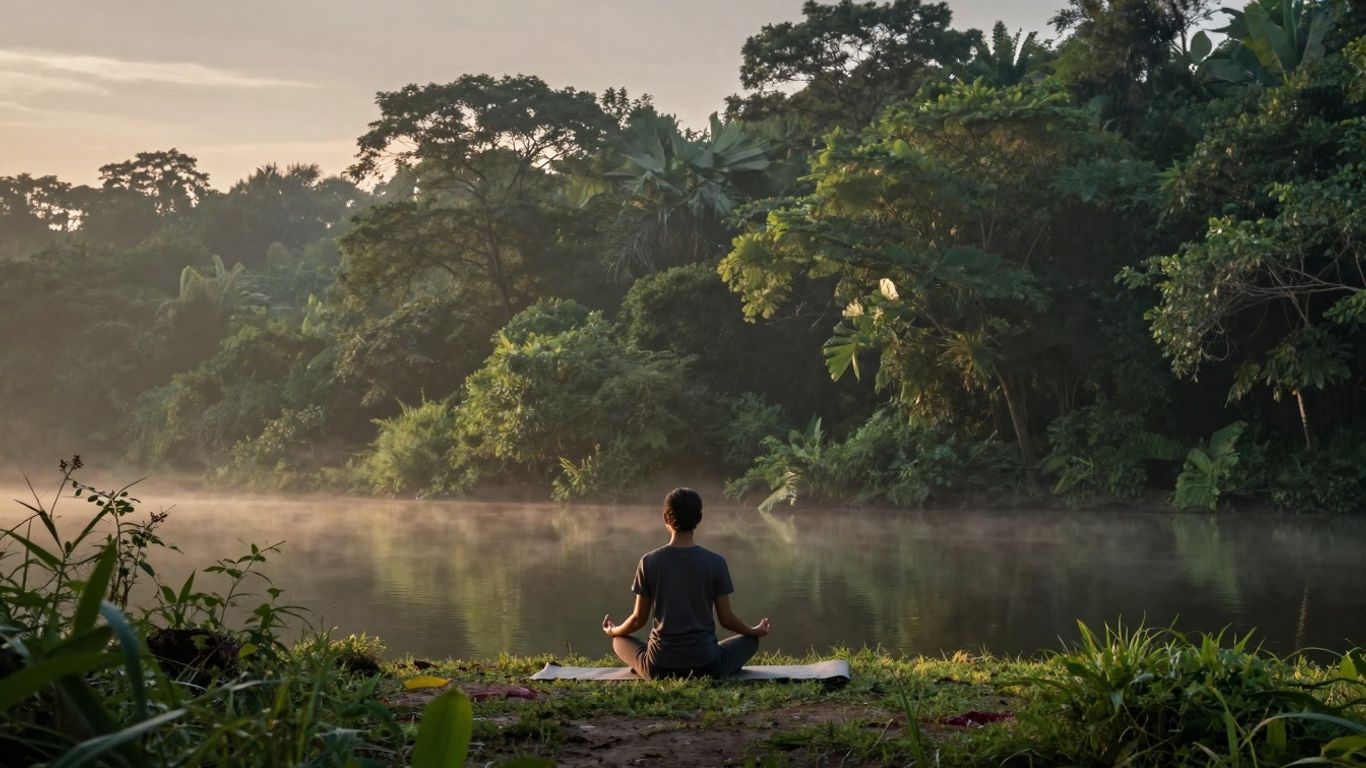 Person meditiert bei Sonnenaufgang in ruhiger Naturlandschaft.