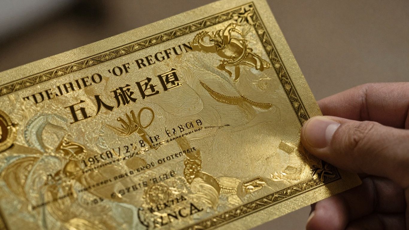 Close-up of a hand holding a gold bond certificate.